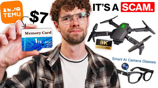 Adam holds a $7 card labeled 1TB beside images of a drone and camera glasses, with the words It's a scam.
