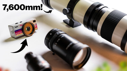 Tiny modified keychain camera beside large camera lenses, with the text “7,600mm!”